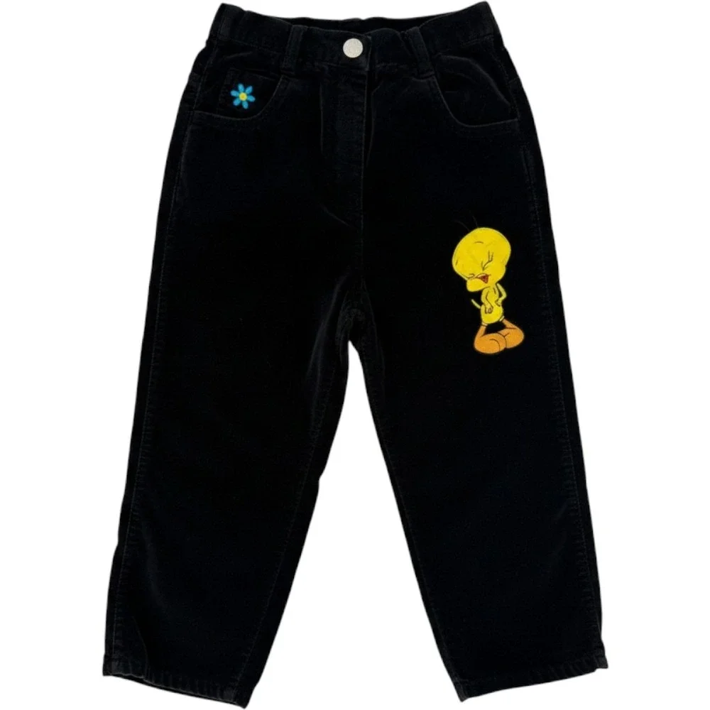 Vintage Looney Tunes Tweety Bird Black Corduroy Pants Kids Size 4 Embroidered